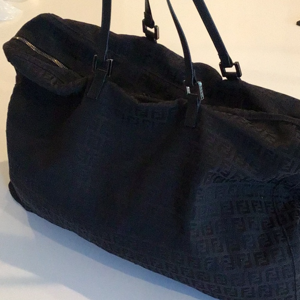 Authentic Fendi Zucchino shopping tote with dual zipper enclosure.